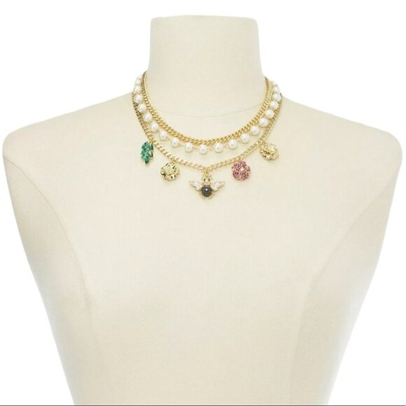 Thalia Sodi Gold Tone Crystal & Imitation Pearl Charm Layer Necklace 16”+3” - Picture 2 of 8